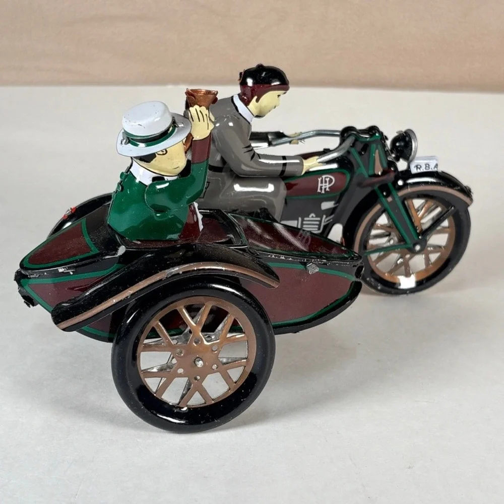 Vintage Tin Wind Up Motorcycle with‎ Sidecar RBA HP Litho Toy Collectible